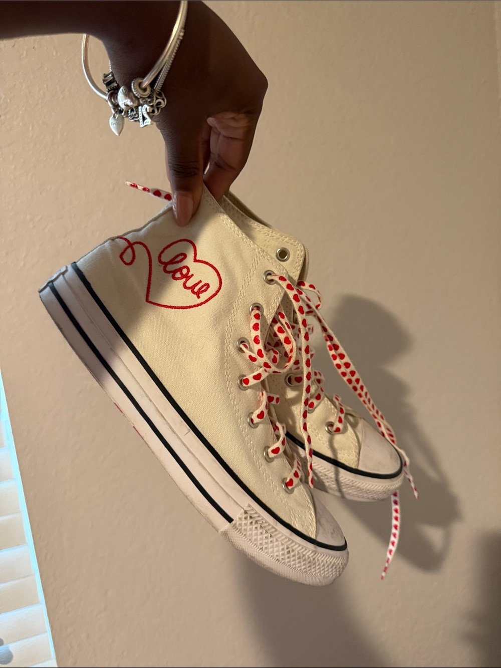 Converse White High-Top Sneakers with Red Heart Laces - Picture 3 of 5